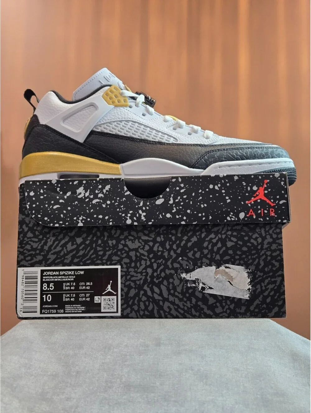 Air Jordan Spizike Low - White / Black / Metallic Gold (FQ1759-108) Men's 8.5